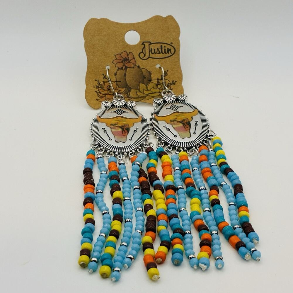 Justin Earrings Western Cowgirl Beaded Fringe Dangle Silver Rodeo Jewelry NWT